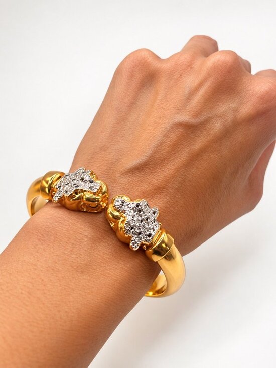Jewelry - Vintage Gold Tone Double Panther Head Bangle Bracelet Hinged XS/S